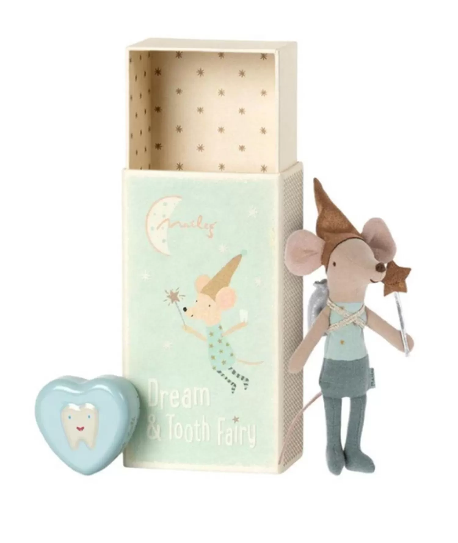 Maileg Big Brother Mouse Tooth Fairy In A Matchbox With Metal Heart Shaped Tooth Box-Blue Fashion