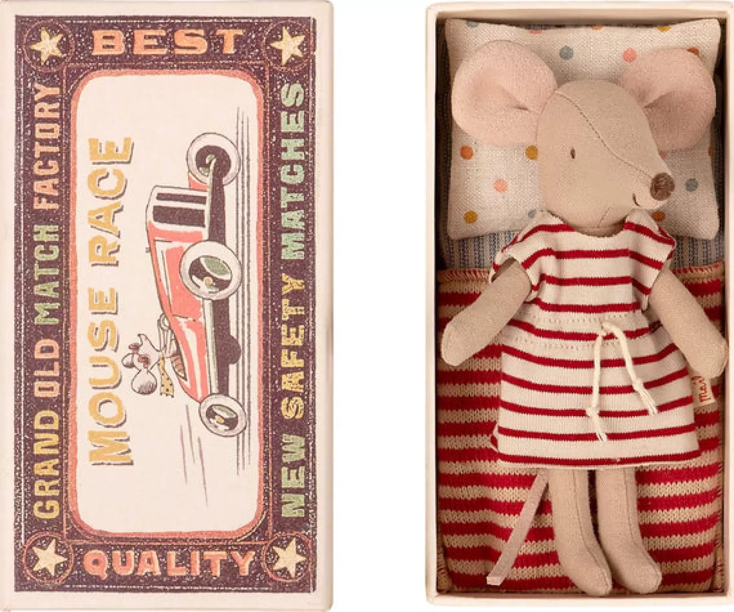 Maileg Big Sister Mouse In A Matchbox – Red Stripe Dress Clearance